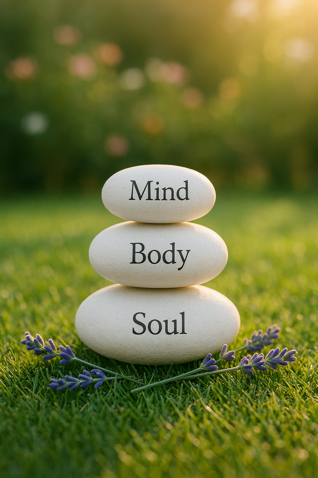 A minimalist still life symbolizing holistic wellbeing: a perfectly balanced stack of three smooth, rounded stones in white, arranged on a lush green grass surface. On the top stone is the word "Mind", on the second stone is the word "Body" and on the third stone is the word "Soul" written in an italic font. Around the stones lie three delicate sprigs of lavender. In the background, a blurred hint of a country garden flower scene. Soft golden hour sunlight enters from the side, casting long, gentle shadows and subtle highlights on the stones’ curved surfaces. Photographic realism with a centered, slightly elevated composition and ample negative space, creating a refined, sophisticated atmosphere of harmony, grounding, and inner balance.
